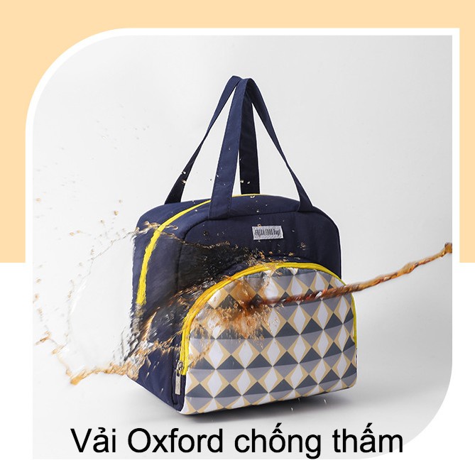 (Hàng cao cấp) Túi đựng cơm, thức ăn giữ nhiệt QSND-QUẢ TRÁM, 2 ngăn, 3 lớp, khoá kéo, size to 23.5x15x23.5cm