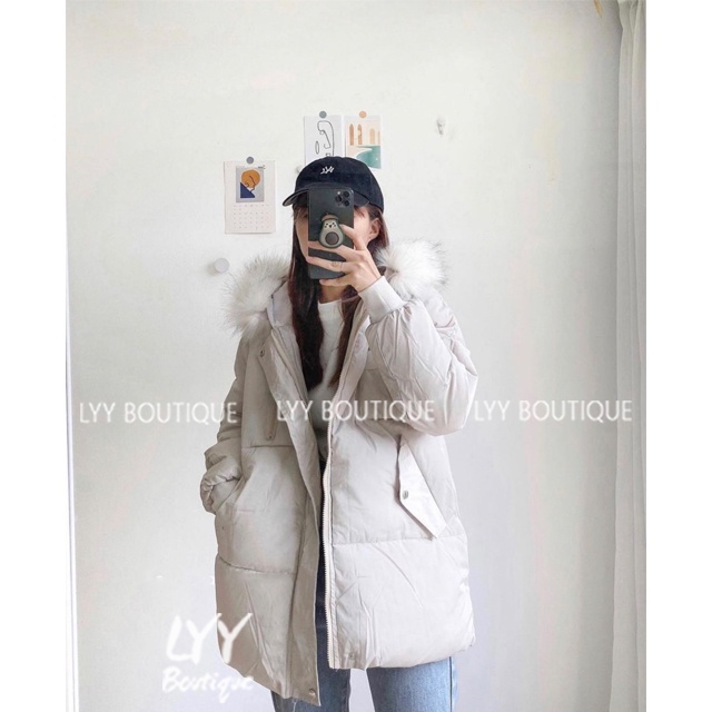 [Mã FAMARAL1 giảm 10K đơn 50K] Áo phao nữ mũ lông khoác béo 2 màu có khóa ngực hàng Quảng Châu LYY BOUTIQUE