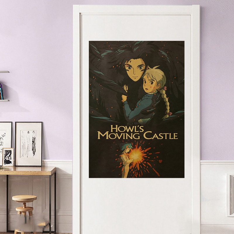 Poster trang trí tường phòng trẻ em hình hoạt hình Howl's Moving Castle retro