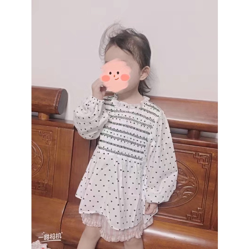 Áo sơ mi trắng dài tay bồng phối chấm bi đen cho bé gái  N01144