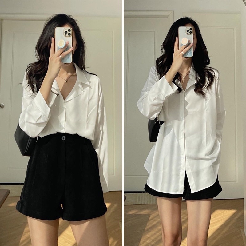 Áo sơ mi nữ form rộng tay dài mầu nâu, trắng, đen, kem, chất lụa đẹp không nhăn, áo somi form rộng nữ đẹp basic, unisex