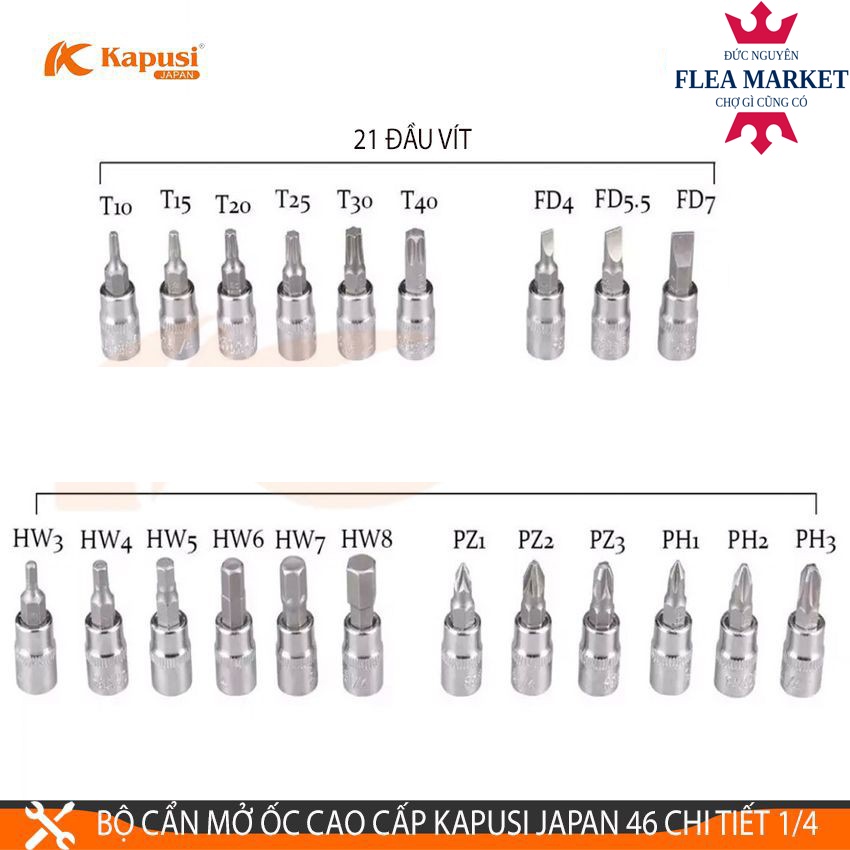 BỘ CẦN MỞ ỐC CAO CẤP KAPUSI JAPAN 46 CHI TIẾT 1/4 TIÊU CHUẨN NHẬT BẢN - BỘ KHẨU ĐA NĂNG MỞ BU LÔNG ỐC VÍT