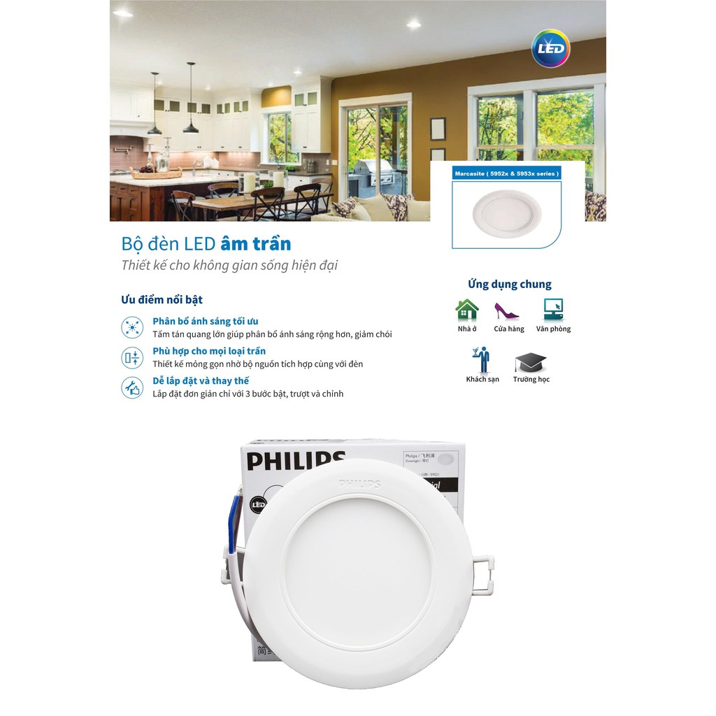 BÓNG ĐÈN LED 9W - 59521 & 12W - 59522 & 14W - 59523 & 16W - 59531 PHILIPS MARCASITE ÂM TRẦN DOWNLIGHT KIỂU TRÒN