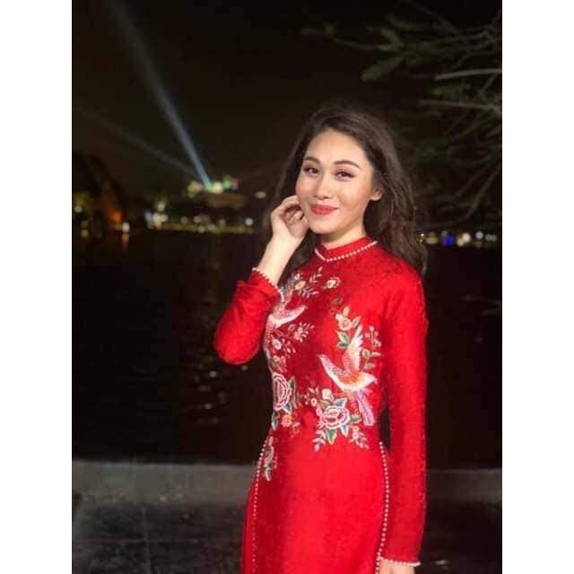Áo dài gấm tơ đỏ, trắng, hồng 4tà thêu cao cấp