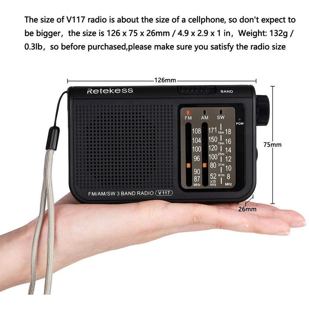 Radio Cầm Tay Retekess V117 FM AM SW Tích Hợp Nút Điều Chỉnh Màu Đen Dành Cho Người Lớn Tuổi