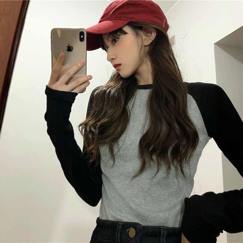 Áo thun COZOKC tay dài dáng ôm phối màu tương phản cá tính thời trang