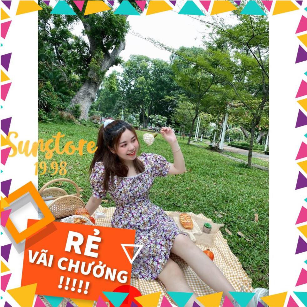 Đầm dáng xòe hoạ tiết hoa viền cổ ren tay phồng 2 màu vàng và tím