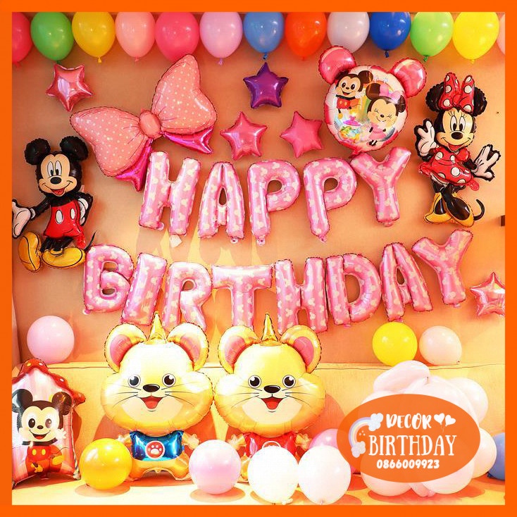 Set Trang Trí Sinh Nhật TUỔI CHUỘT Cho Bé Gái, Bóng Hình Mickey Đủ Mẫu, Set Y Hình Tặng Kèm Đồ Bơm Băng Dính