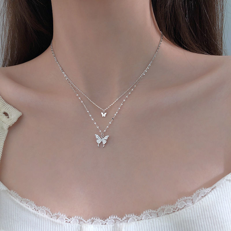 Vòng Cổ Mạ Bạc Nhiều Lớp Mặt Hình Bướm Phong Cách Hàn Quốc
