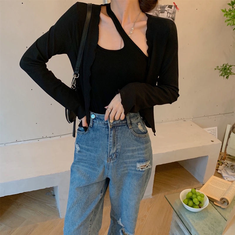 Bộ Áo Khoác Cardigan + Áo Hai Dây Xinh Xắn Theo Phong Cách Mùa Hè