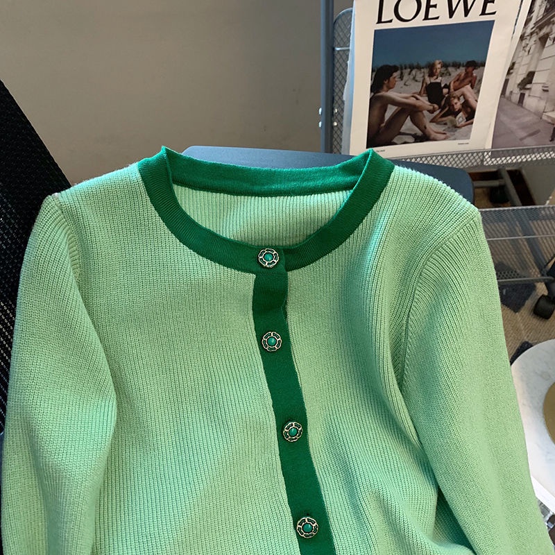 Xiaoxiangfeng Áo Khoác cardigan Dệt Kim Dáng Ngắn Cổ Tròn Màu Xanh Lá Thời Trang Mùa Thu Nhẹ Nhàng Thanh