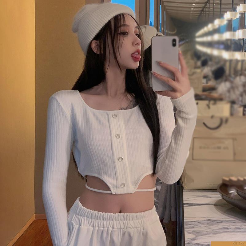 Áo crop top tay dài màu sắc trơn thiết kế gợi cảm cho nữ