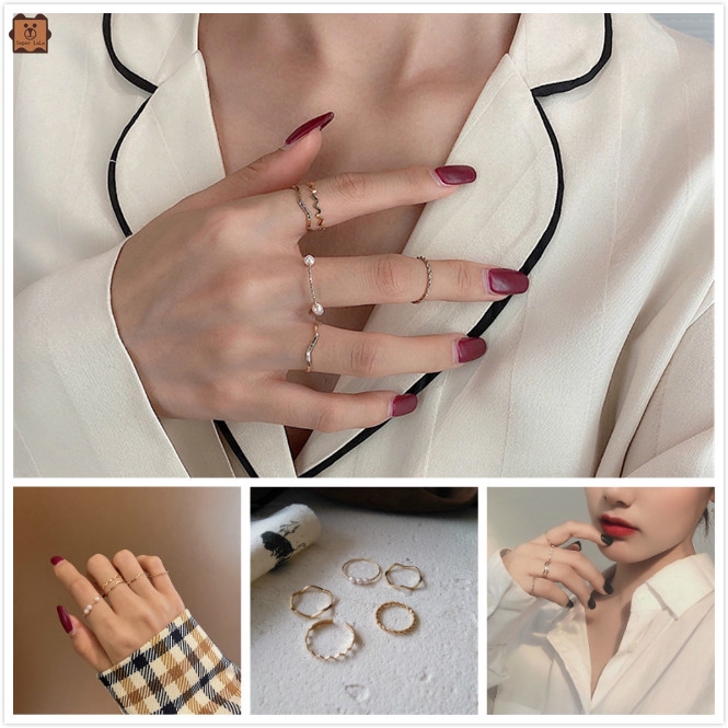 Set 5 Nhẫn Đeo Khớp Ngón Tay Đính Ngọc Trai Giả Thời Trang Cho Nữ