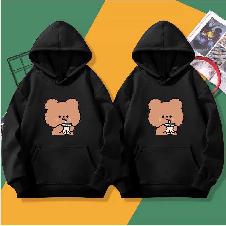 ÁO HOODIE NỈ PHOM NAM NỮ IN GẤU UỐNG TRÀ SỮA CỰC ĐẸP