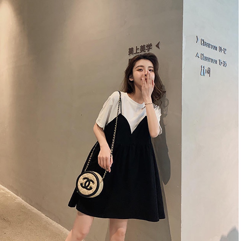 IELGY Đầm Giả Hai Lớp Tay Ngắn Dáng Rộng Thời Trang Mùa Hè