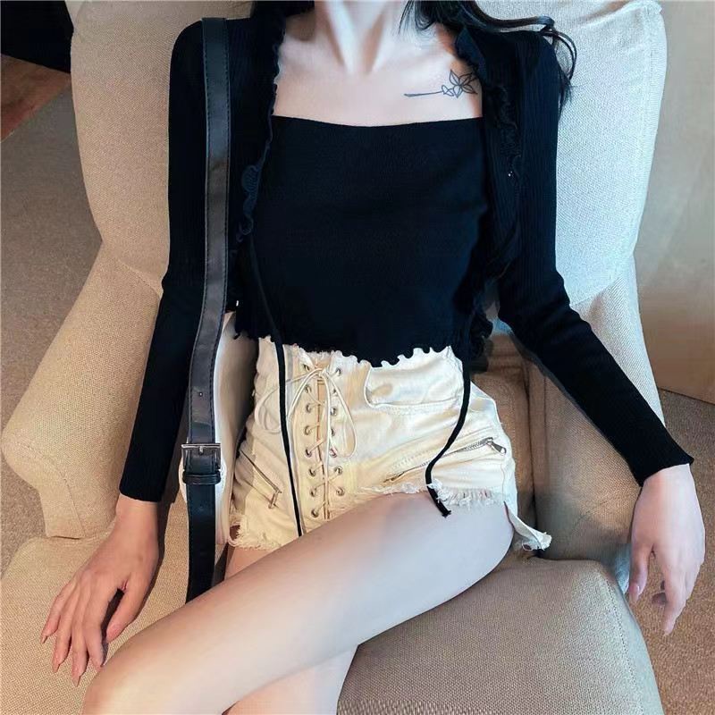Happy-store ❤️ Áo cardigan croptop tay dài nữ , áo khoác crt ôm body len gân thân 2 lớp màu đen trắng bánh bèo