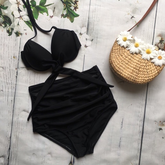bikini cạp cao đen cột nơ che bụng