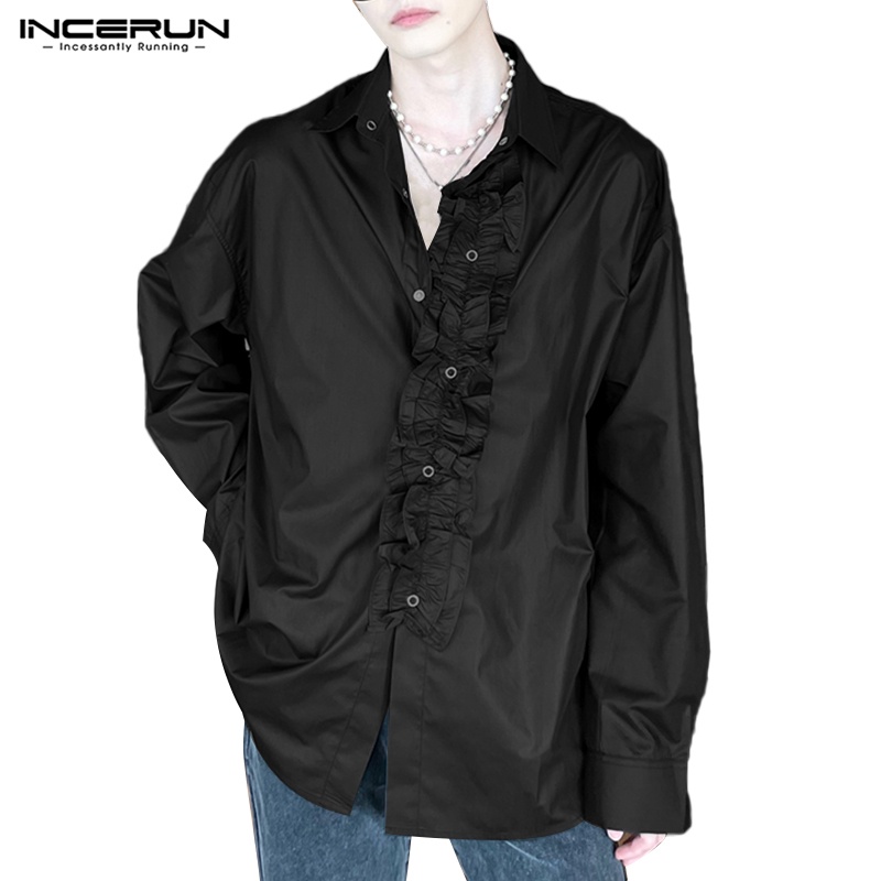 Áo sơ mi INCERUN tay dài phối bèo và nút phong cách Hàn Quốc thời trang cho nam