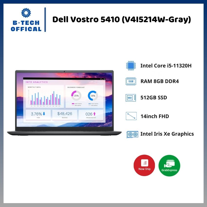 [ TẶNG VOUCHER 150K ] Laptop Dell Vostro 5410 (V4I5214W-Gray)/ Grey/ Intel Core i5-11320H (2.5Ghz, 8MB)/ RAM 8GB