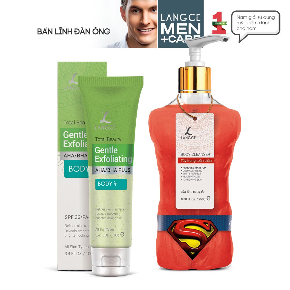 Bộ Gel Tắm Tẩy Trang Toàn Thân Sáng Da 250ml + Tẩy Tế Bào Chết BODY it - Toàn Thân 100ml BS LANGCE dành cho Nam
