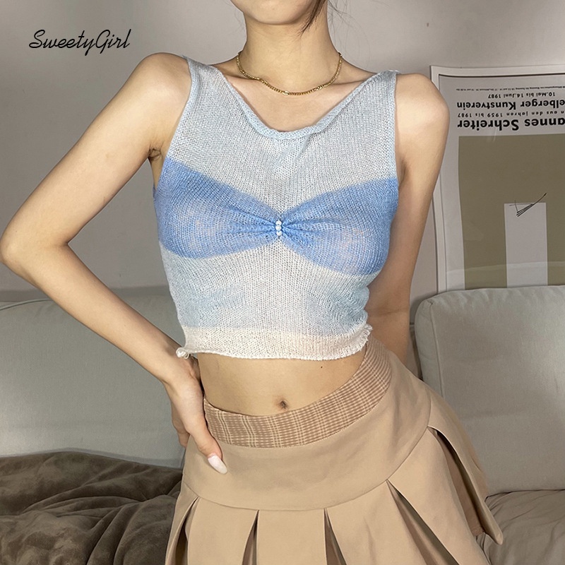 Áo Tank Top Dệt Kim Cổ Tròn Dáng Rộng Phối Màu Tương Phản Thời Trang 2022 Cho Nữ