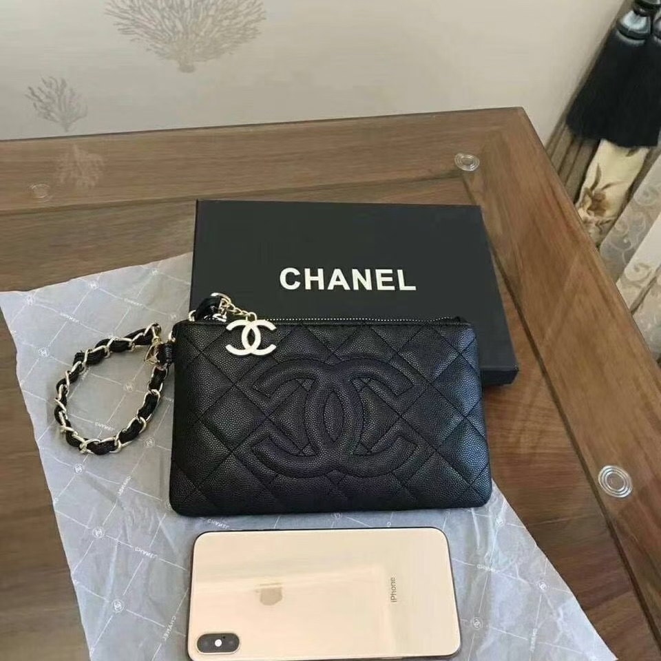 CHANEL Caviar leather clutch Chain wristlet bag With box women purse