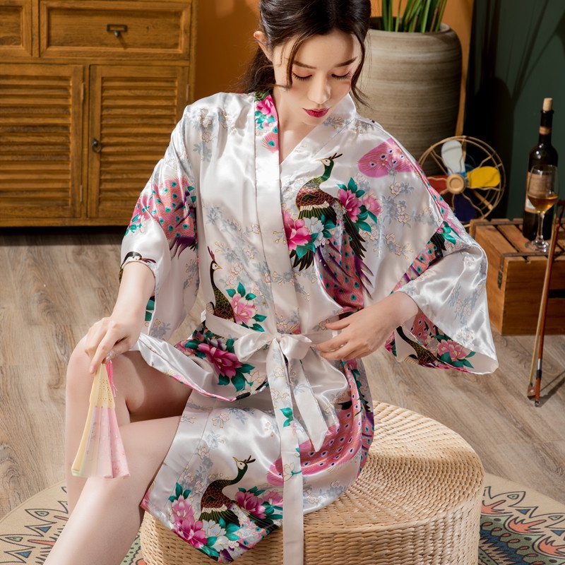 Áo Choàng Ngủ Kimono Vải Lụa Lạnh Mỏng In Hình Chim Công Thời Trang Mùa Hè Mới Cho Nữ
