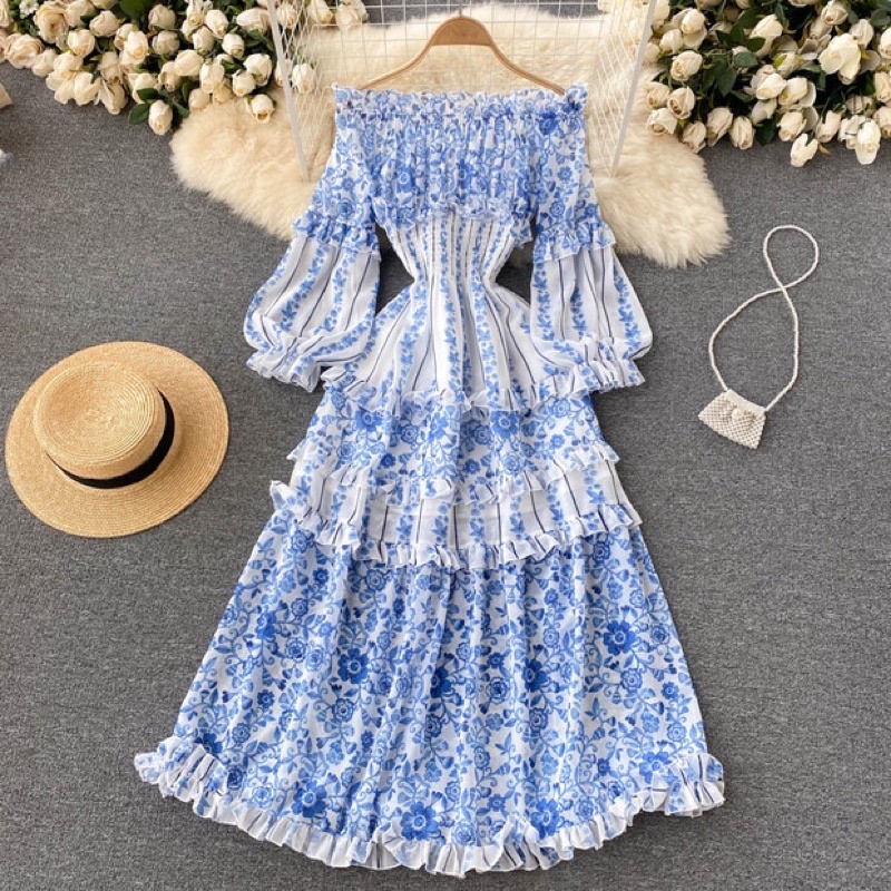 Đầm maxi voan hoa trễ vai tay dài bồng phối viền bèo eo bo chun xoè Quảng Châu