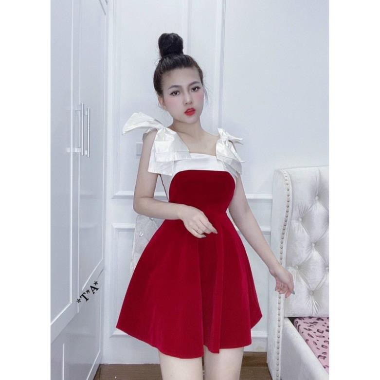 ĐẦM NHUNG NƠ VAI ĐEN - ĐỎ