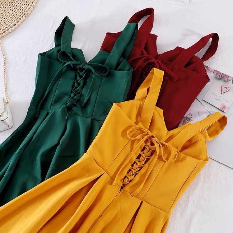 Váy đầm maxi hở lưng đan dây dáng dài xoè 2 dây xẻ ngực chữ V sexy đi du lịch biển