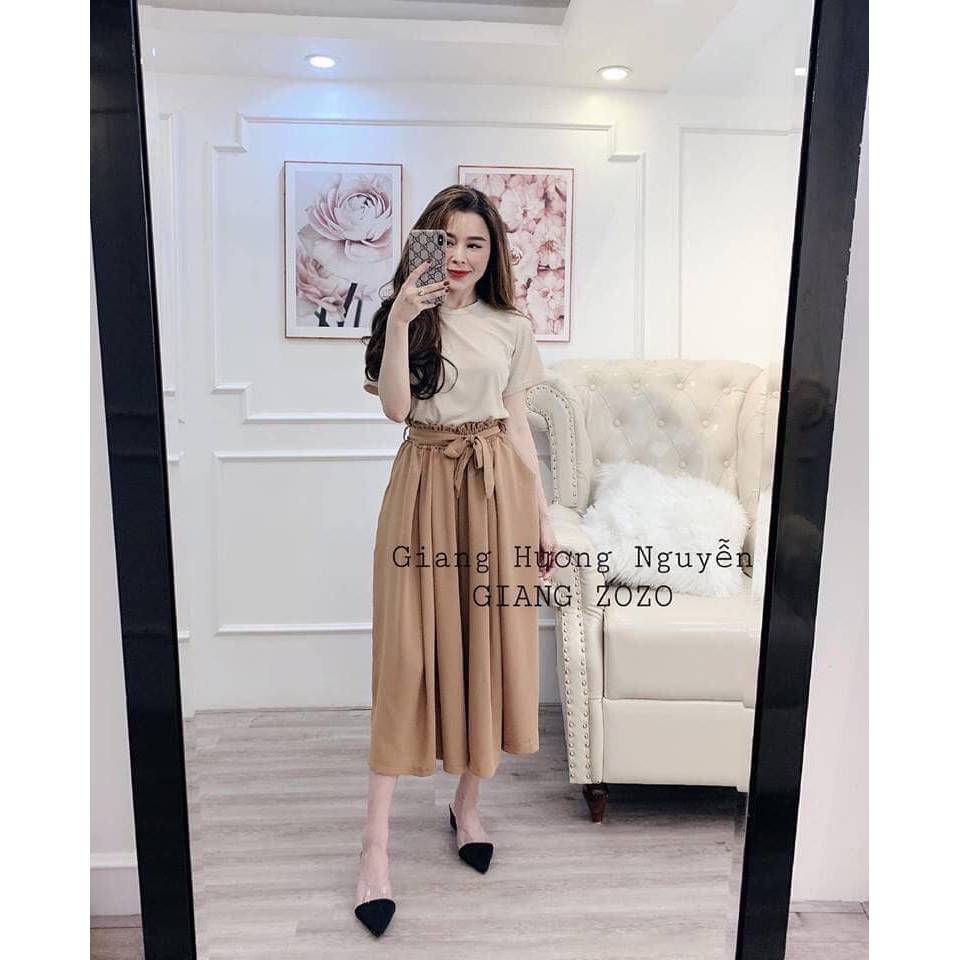 Sét quần ngố nâu buộc nơ kết hợp áo phông 1 màu