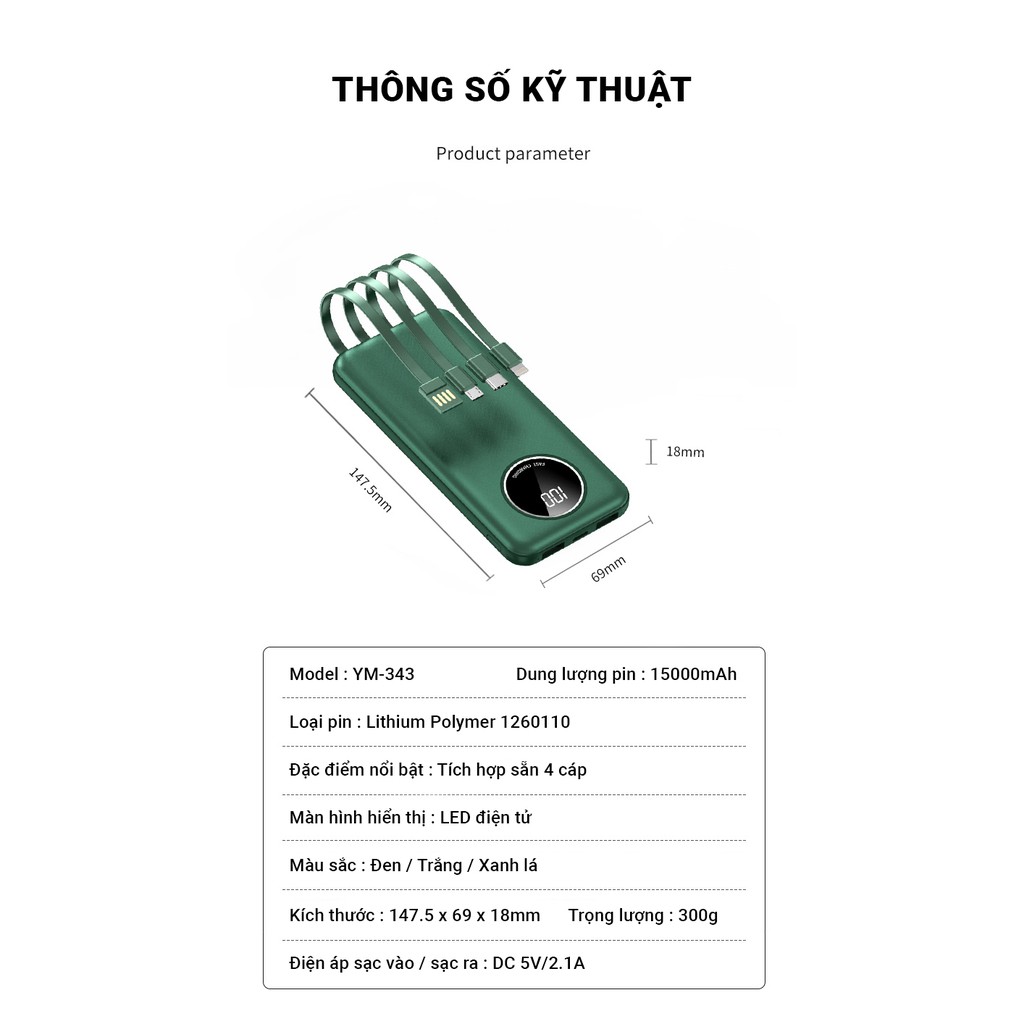 Pin sạc dự phòng 15000mAh tích hợp sẵn cáp sạc Cát Thái YM-343 hỗ trợ sạc nhanh 2.1A, 4 cáp USB/Micro/Type-C/Lightning