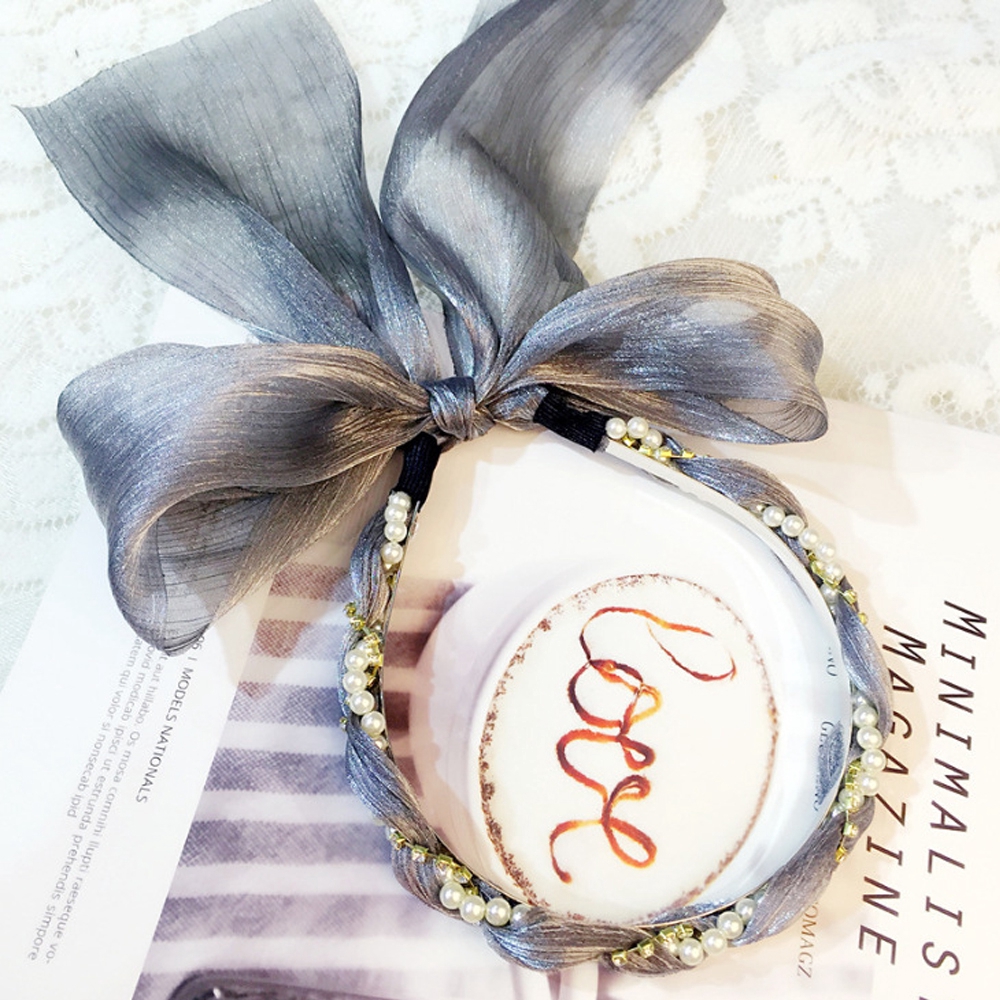 Cài tóc dây ruy băng đính ngọc trai nhân tạo cho nữ