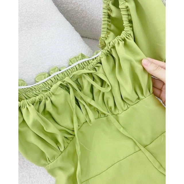 MAXI XANH BƠ RỚT VAI CỔ YẾM CUTOUT LƯNG