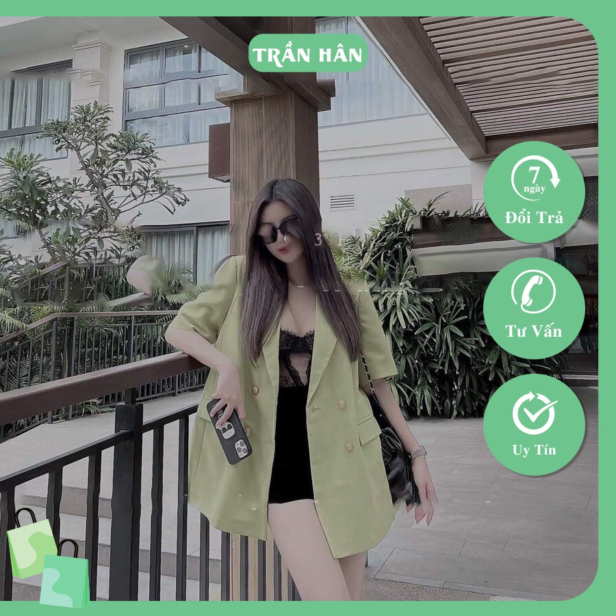 Áo khoác vest blazer nữ 2 túi nắp khuya đồng tay ngắn Trần Hân Shop 2005910