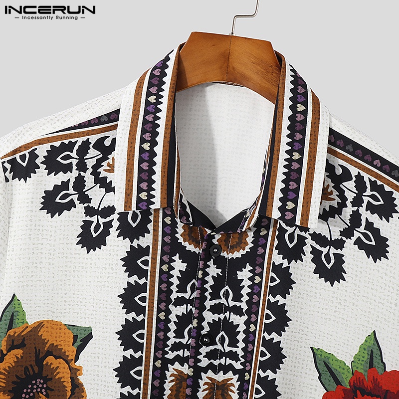 Áo sơ mi INCERUN tay ngắn in họa tiết thổ cẩm phong cách vintage thời trang đi biển dành cho nam