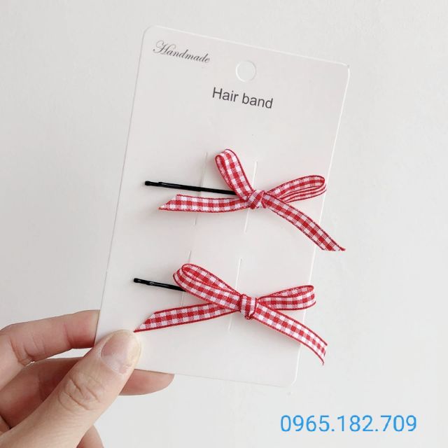 Kẹp tóc mái, kẹp tăm ghim tóc đính nơ caro dễ thương