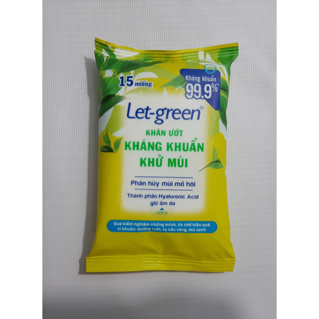 Combo 5 gói khăn ướt kháng khuẩn khử mùi Let-Green loại 15 miếng/bao