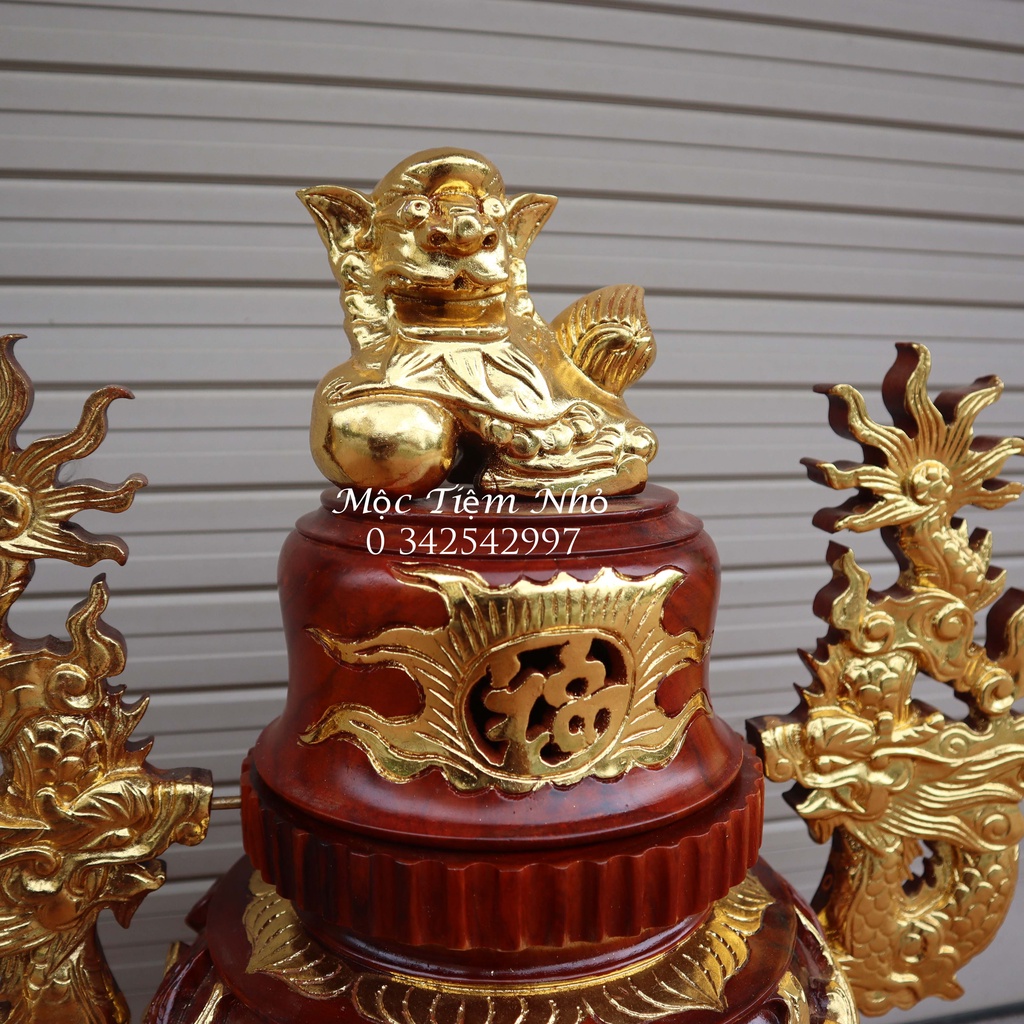 Đỉnh thờ lư hương trạm song long gỗ hương rát vàng cao 51,61cm