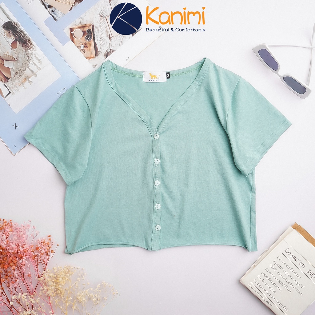 Áo croptop cổ tim cài cúc tay ngắn form rộng chất 4 chiều 100% cotton cực đẹp Onami