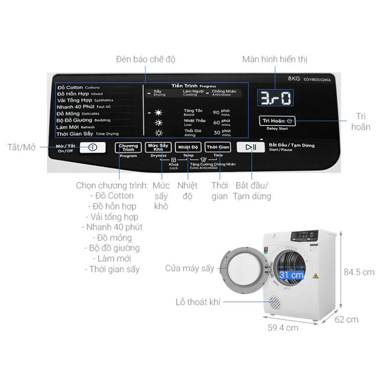 Máy sấy quần áo electrolux 8kg EDV805JQWA