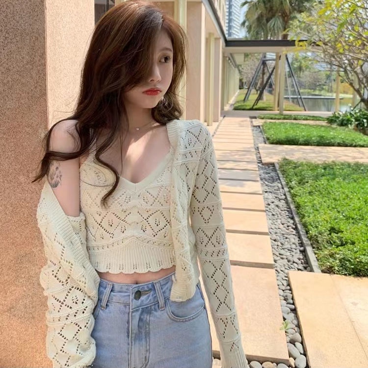 Bộ Áo Khoác cardigan Dệt Kim Phối Áo Hai Dây Thời Trang Mới Cho Nữ