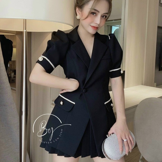 Bộ set đồ nữ - Áo kiểu Vest nữ, vest nữ công sở 2 món vest đen vest vàng chân váy xếp ly cao cấp