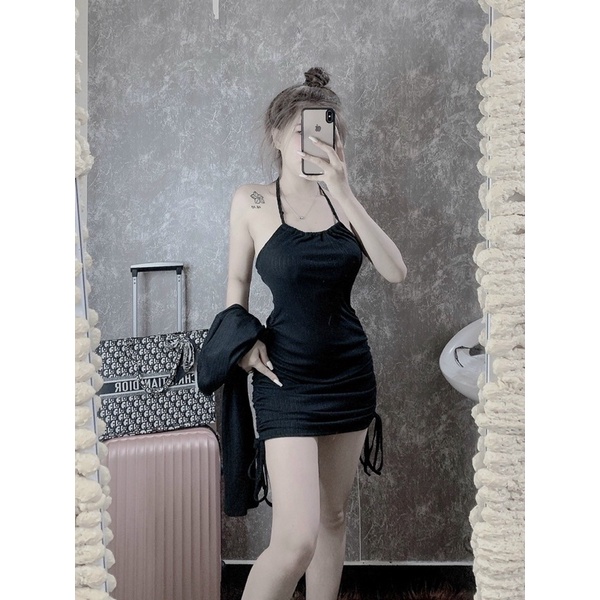SET ĐẦM BODY CỔ YẾM DÂY RÚT HÔNG KÈM ÁO KHOÁC SEXY