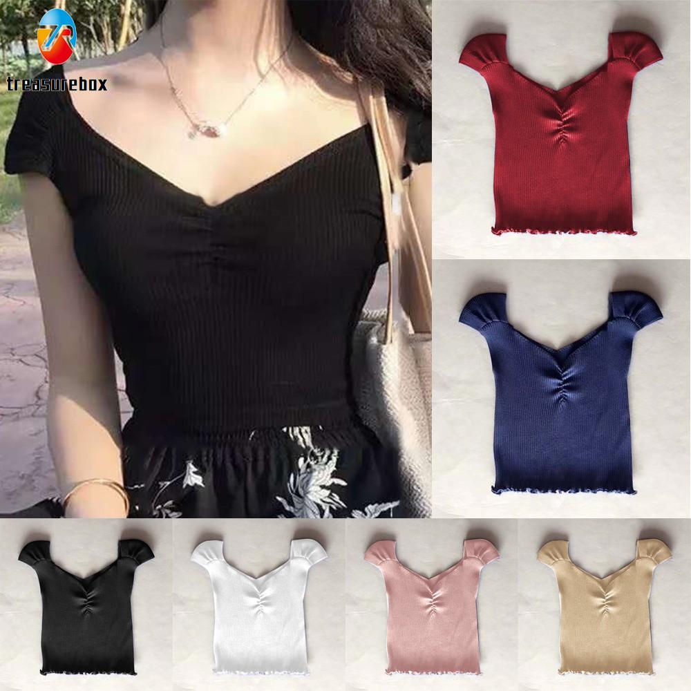 Áo Croptop Dệt Kim Cổ Chữ V Thời Trang Mùa Hè Cho Nữ