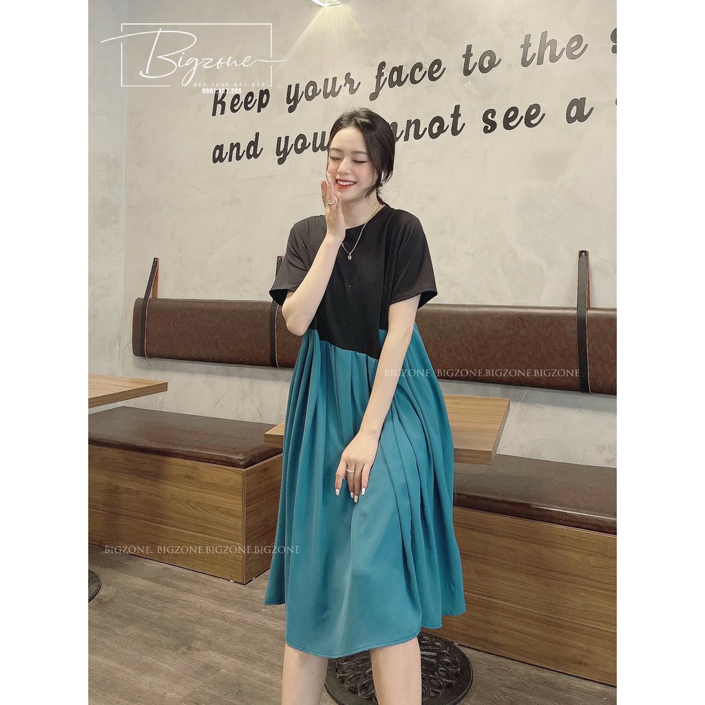 Đầm váy bầu cotton pha hai màu vạt chéo cách điệu 45 75kg