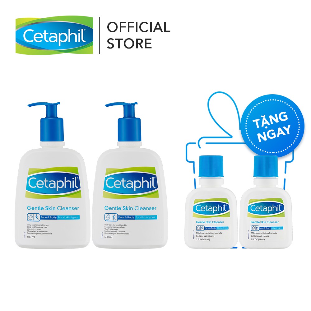 [Mã FMCG100K - 10% đơn 500K] [Tặng 2 SRM 59ml/chai] Combo 2 sữa rửa mặt Cetaphil Gentle Skin Cleaner 500ml