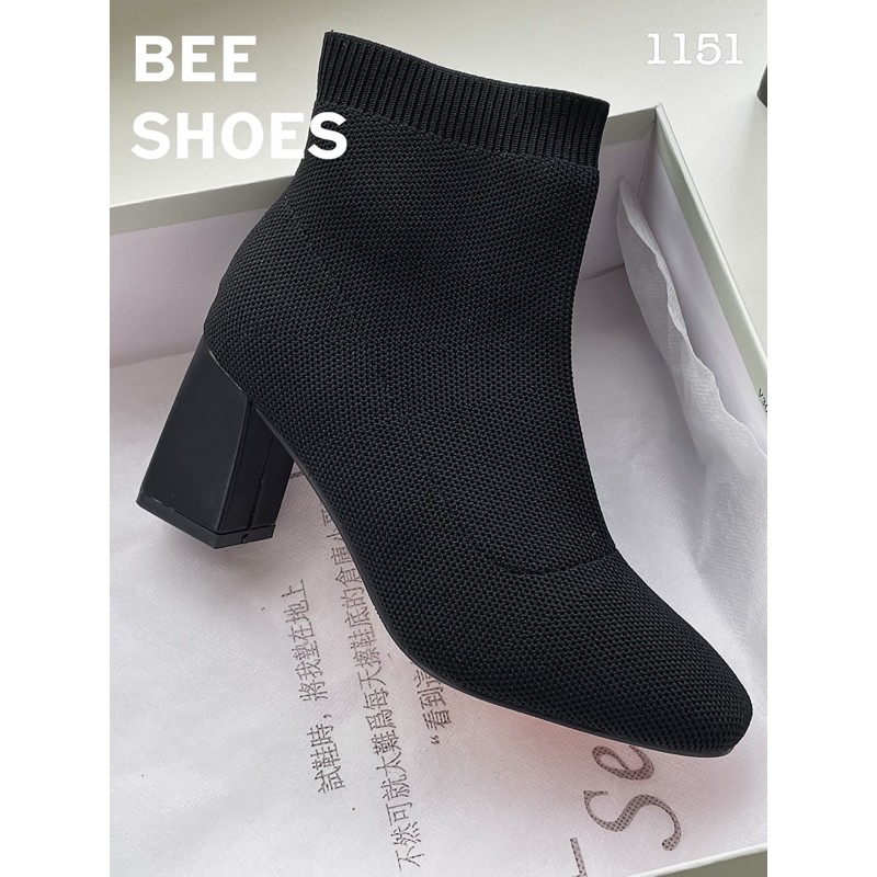 BEESHOES - GIÀY BOOT NỮ LEN MŨI TRÒN TRƠN CỔ THẤP - GIÀY BỐT NỮ MŨI TRÒN ĐẾ VUÔNG CAO 6 PHÂN SẴN MÀU ĐEN - KEM 201151