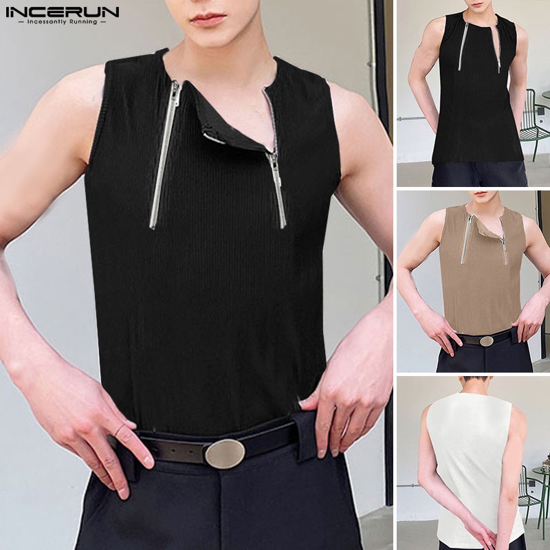 Áo ba lỗ dệt kim INCERUN màu trơn có khóa kéo thời trang mùa hè cho nam