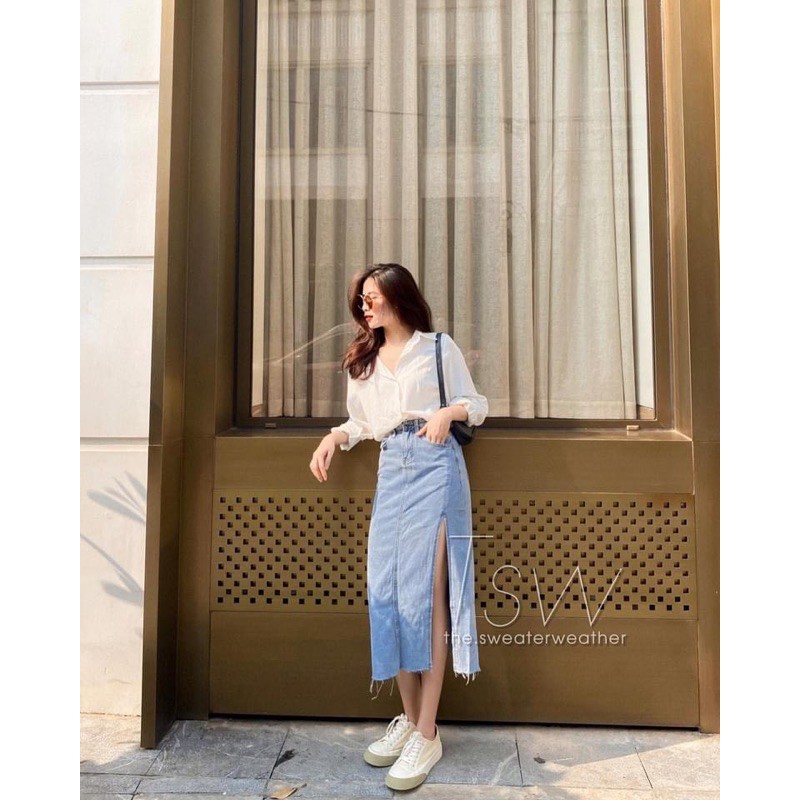 Chân váy bò tua gấu xẻ trái đủ size MS#912